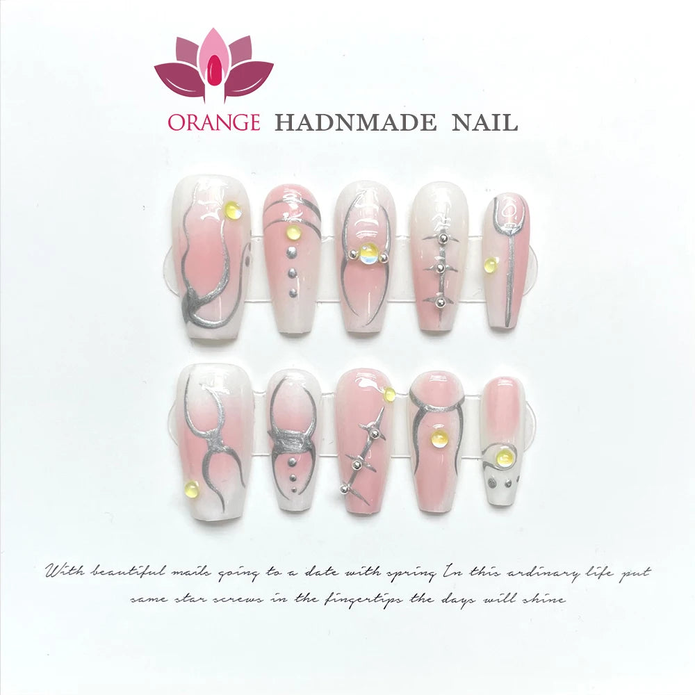 Pink Handmade Nails Press on Full Cover Manicuree Heart False Nails Japanese Wearable Artificial with Designs Orange Nails Store