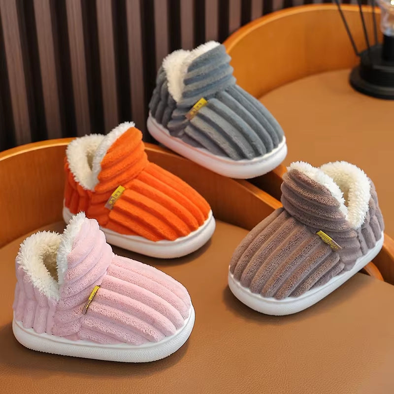 New Winter Concise Stripe Plush Slippers Children'S Non-Slip Soft Sole Kids Boys Girls Heel Wrap Warm High Home Cotton Shoes