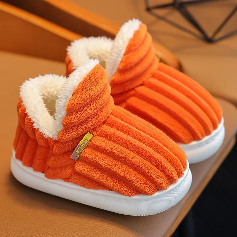 New Winter Concise Stripe Plush Slippers Children'S Non-Slip Soft Sole Kids Boys Girls Heel Wrap Warm High Home Cotton Shoes