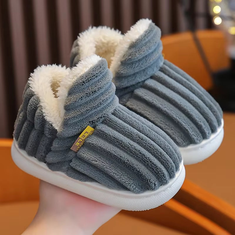 New Winter Concise Stripe Plush Slippers Children'S Non-Slip Soft Sole Kids Boys Girls Heel Wrap Warm High Home Cotton Shoes