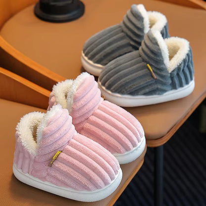 New Winter Concise Stripe Plush Slippers Children'S Non-Slip Soft Sole Kids Boys Girls Heel Wrap Warm High Home Cotton Shoes