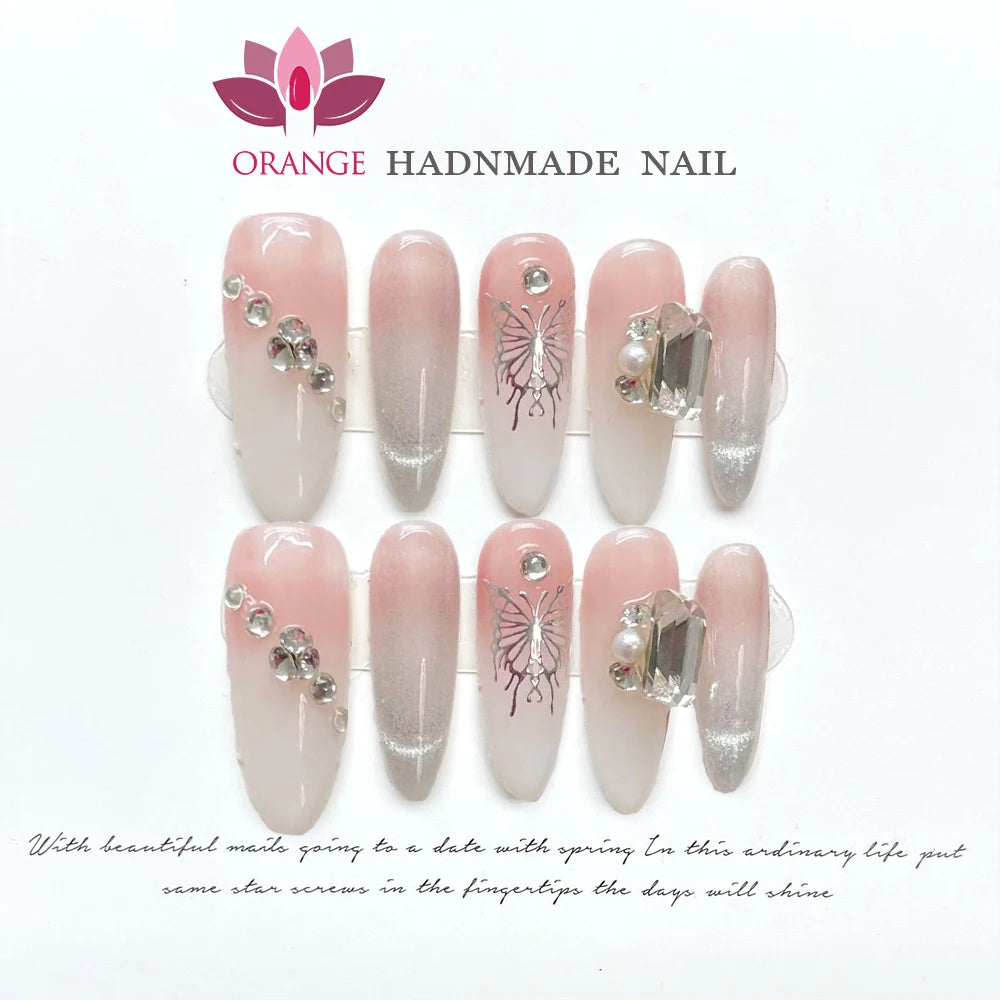 Pink Handmade Nails Press on Full Cover Manicuree Heart False Nails Japanese Wearable Artificial with Designs Orange Nails Store