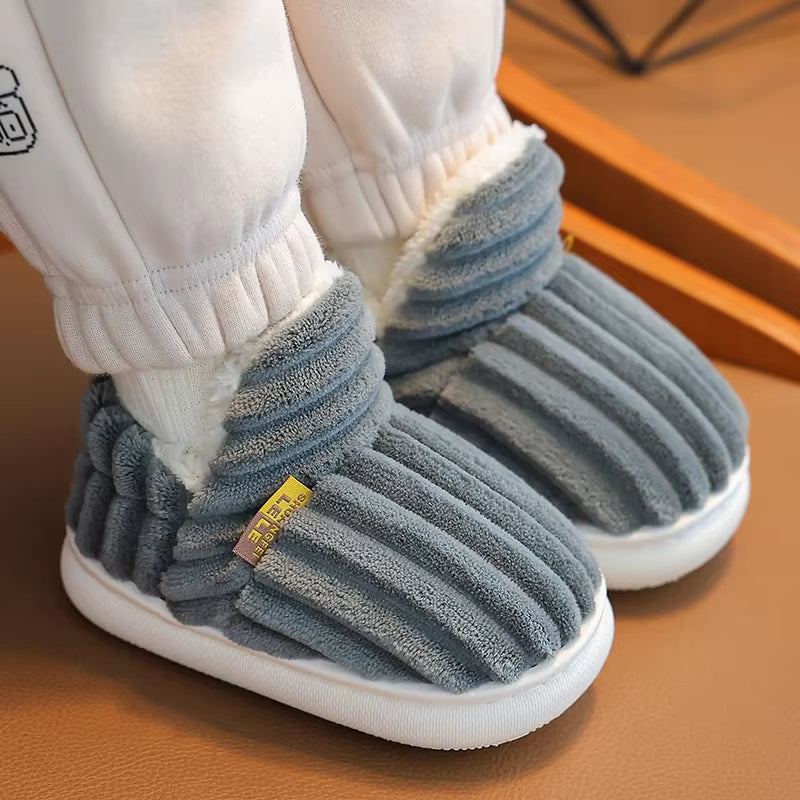 New Winter Concise Stripe Plush Slippers Children'S Non-Slip Soft Sole Kids Boys Girls Heel Wrap Warm High Home Cotton Shoes