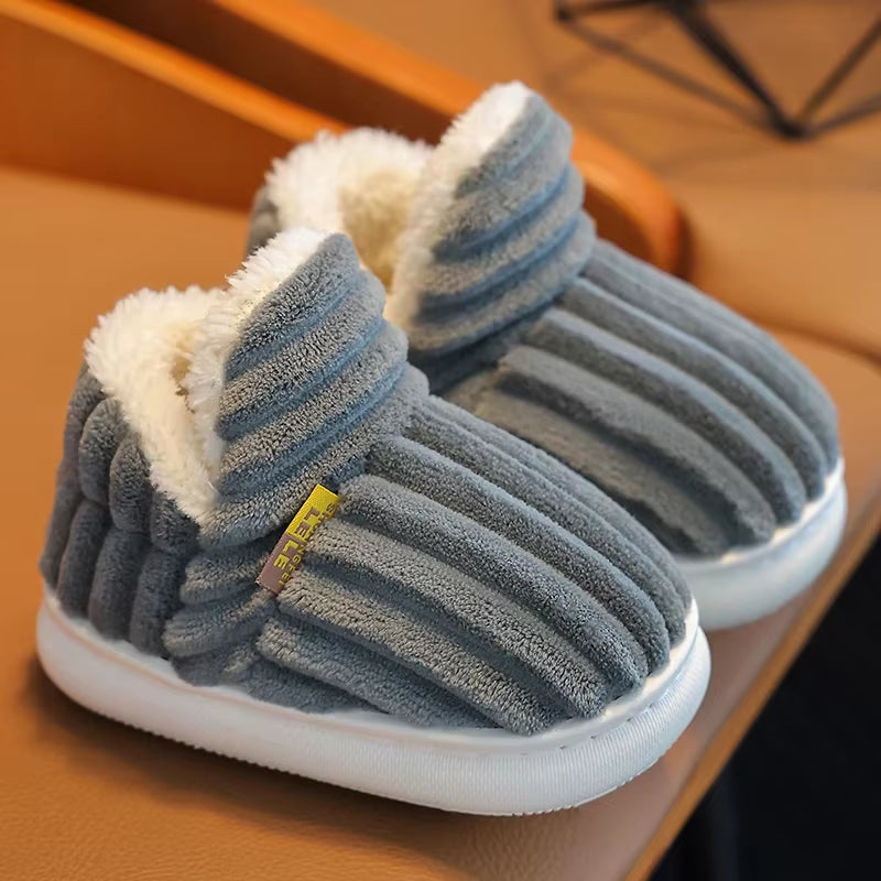 New Winter Concise Stripe Plush Slippers Children'S Non-Slip Soft Sole Kids Boys Girls Heel Wrap Warm High Home Cotton Shoes