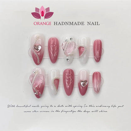 Pink Handmade Nails Press on Full Cover Manicuree Heart False Nails Japanese Wearable Artificial with Designs Orange Nails Store