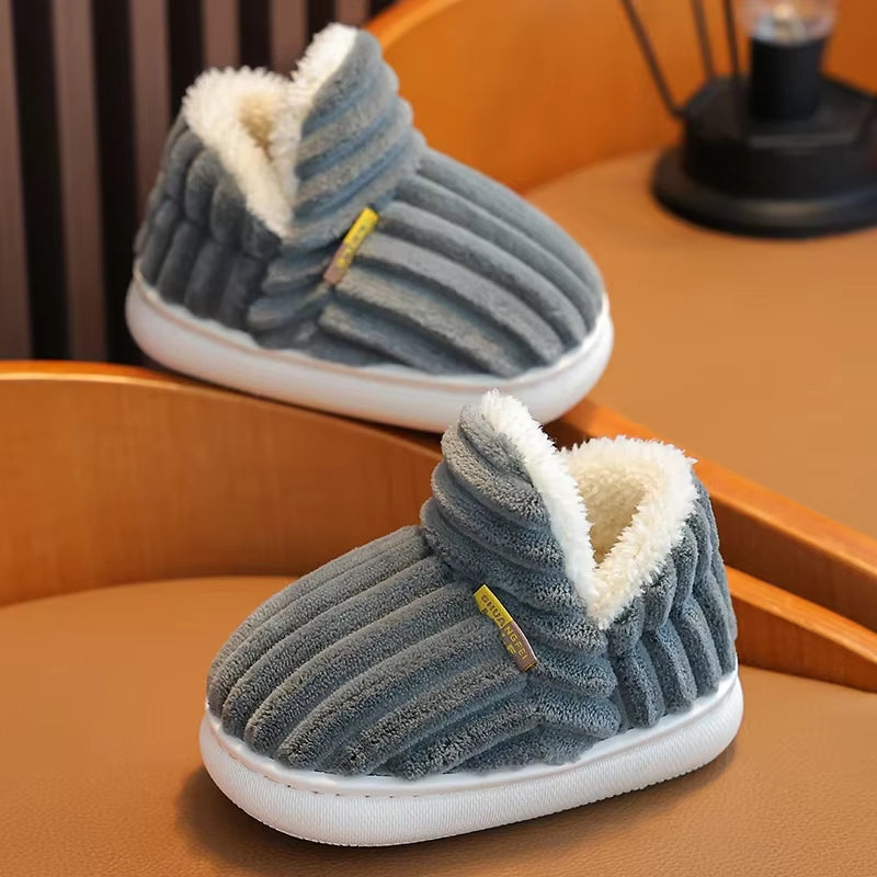 New Winter Concise Stripe Plush Slippers Children'S Non-Slip Soft Sole Kids Boys Girls Heel Wrap Warm High Home Cotton Shoes