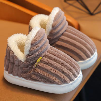 New Winter Concise Stripe Plush Slippers Children'S Non-Slip Soft Sole Kids Boys Girls Heel Wrap Warm High Home Cotton Shoes